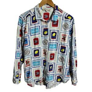 Ann Taylor Loft Sardine Novelty Print Button Down Shirt Women L Linen Coastal